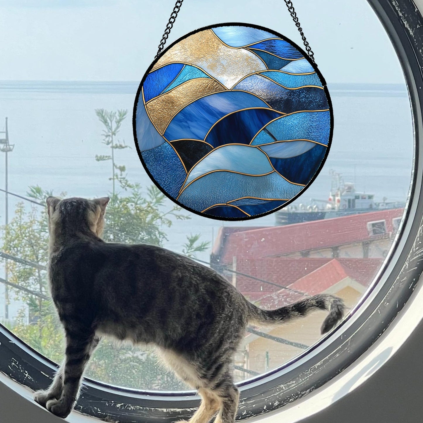 GEFOS Stained Glass Window Hanging Blue Golden Ocean Waves 7.8" - Suncatcher Door Garden Sunroom Sun Catcher Home Decor Housewarming Birthday for Mom Grandma Men Woman