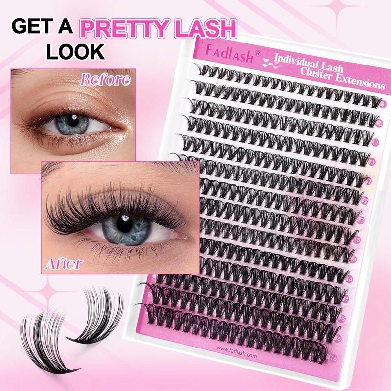 FADLASH Lash Clusters Kit 280PCS Natural Eyelash Clusters Individual D Curl Cluster Eyelash Extensions 8-16mm with Lash Bond and Seal Lash Tweezer for Beginners Soft Thin Band (40D-0.07D-8-16mm KIT)