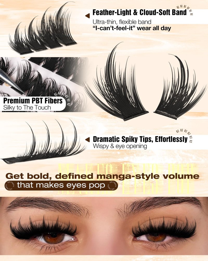 Manga Lash Clusters with Spikes Anime Eyelash Clusters Spiky Wet Cluster Eyelash Extensions Wispy Lashes Clusters Soft Thin Band Individual Lashes Clusters by Delyneph