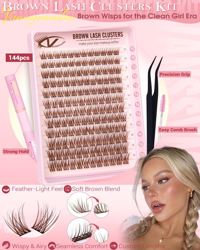 Natural Brown Lash Clusters Kit Wispy Eyelashes Clusters Kit C Curl Cluster Eyelash Extensions 10-16mm Cluster Lashes DIY Eyelash Clusters Waterproof Individual Lashes Extension Kit with Brush