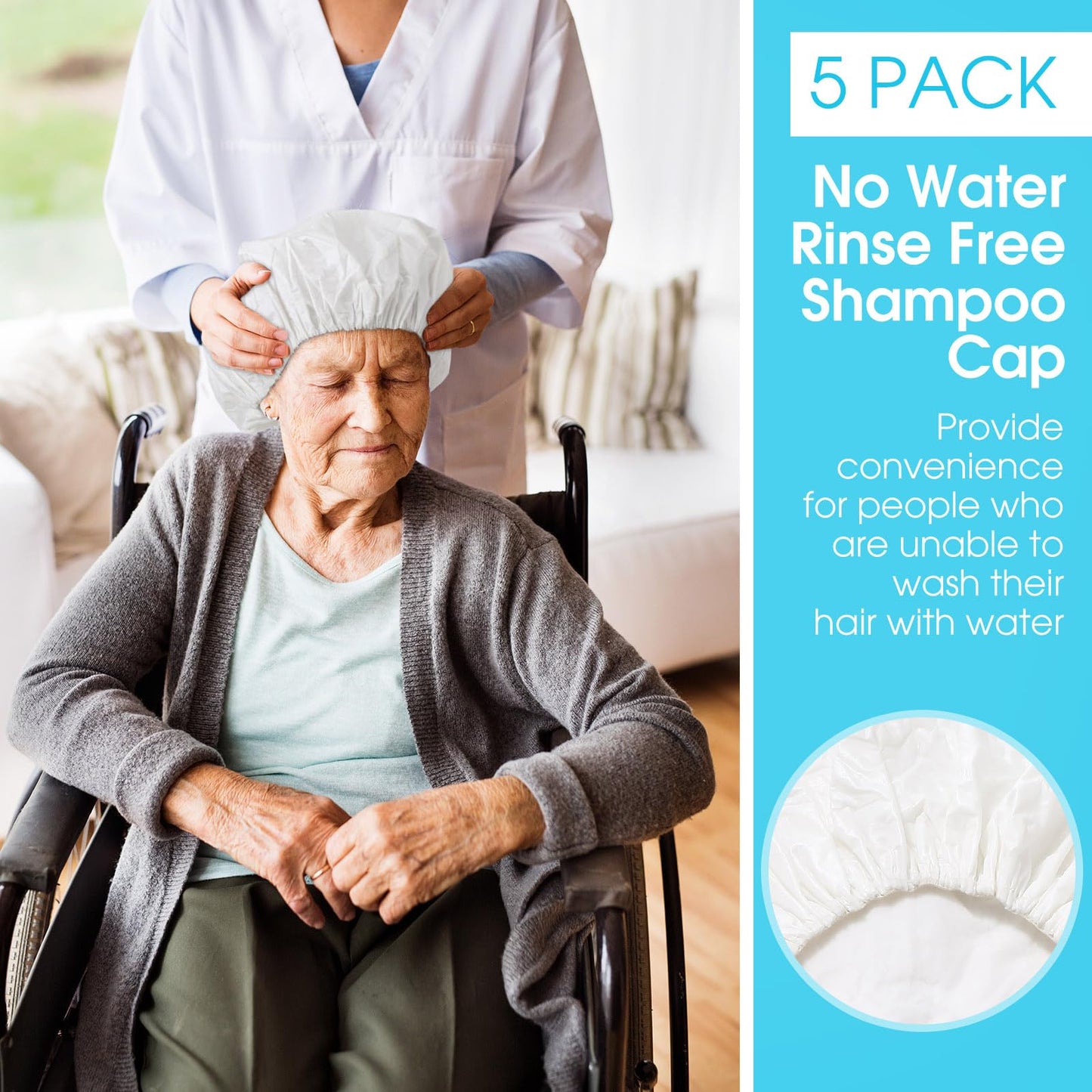 Tingjoo 5 Pcs No Rinse Shampoo Cap Bulk Waterless Rinse Free Disposable Dry Hair Wash Caps for Elderly, Bedridden Patients, Post Surgery, Hospital Stays