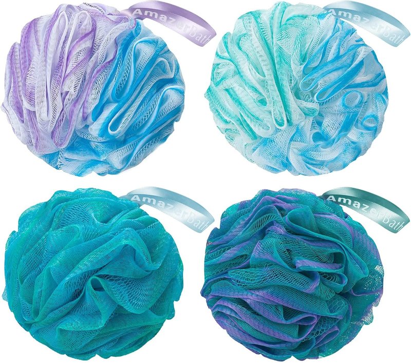 AmazerBath Loofah Sponge Set - Exfoliating Body Scrubber | 4 Colorful Flower Sponges (Green-Purple)
