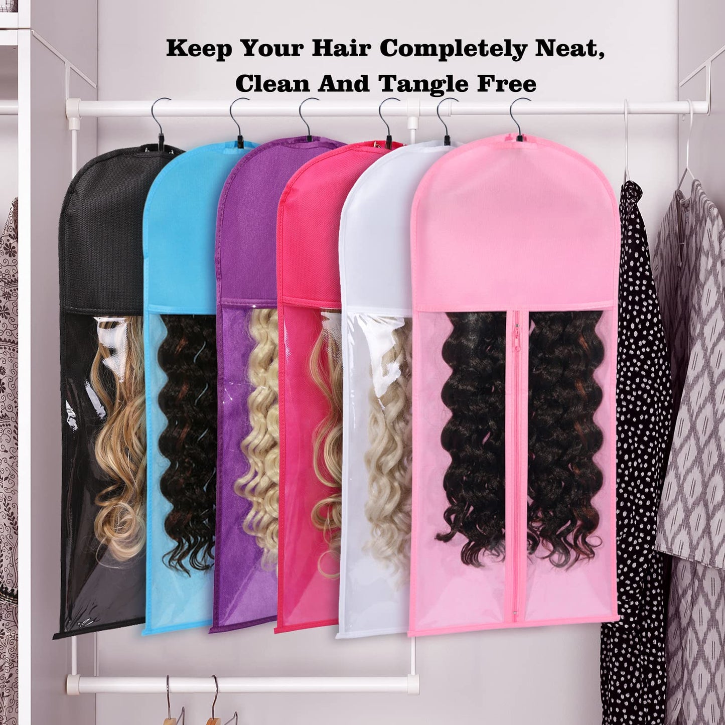 Wig Bags Storage With Hanger- 3PCS Hair Extensions Storage Bag Hair Hangers For Extensions Hairpieces Storage Holder (black)