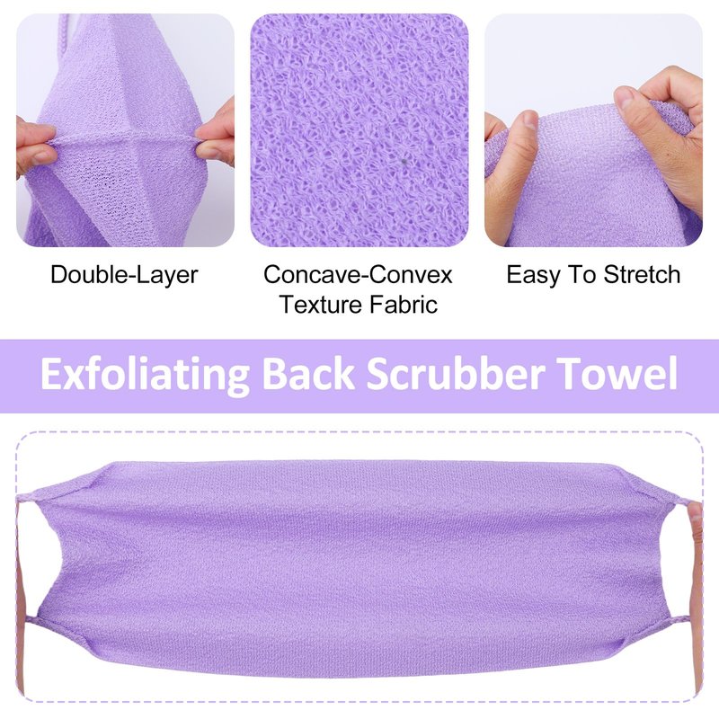 DOPENSPI 4PCS Exfoliating Back Scrubber with Handles, Nylon Double-Sided Exfoliator Extended Length Stretchable Body Exfoliating Washcloth Pull Strap Back Washer for Women Men(B)