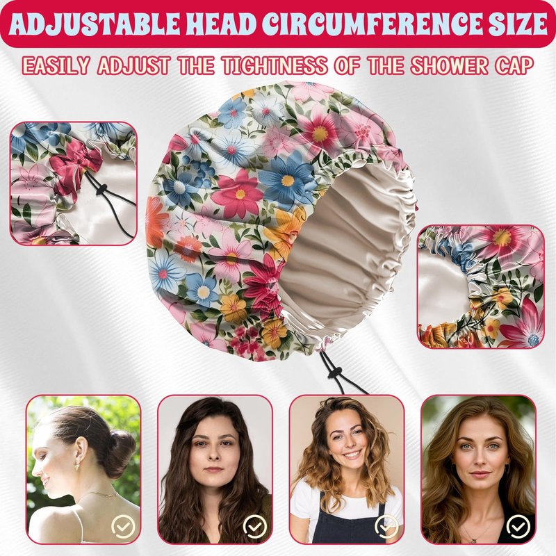 BHAHB Luxury Shower Cap Satin Lined Reusable Waterproof Double Layer Elastic Adjustable Hair Bath Cap Cute Aesthetic Women Girls-Flowers