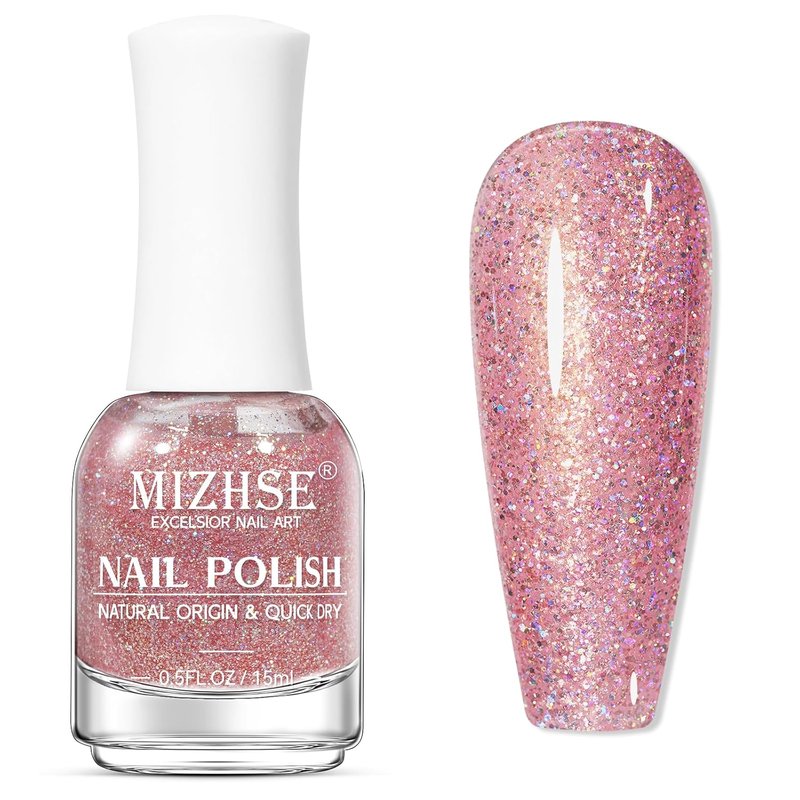 MIZHSE Quick Dry Glitter Pink Nail Polish - Non-Gel, Fast Air Drying, 15ml Full Coverage Shine