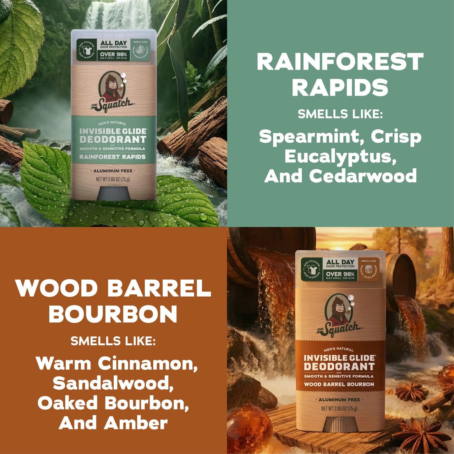 Dr. Squatch Invisible Glide Natural Men’s Deodorant – Smooth Glide, No Stains – Aluminum Free Deodorant Men – Safe for Sensitive Skin – Wood Barrel Bourbon + Rainforest Rapids, 2.65oz (2-Pack)