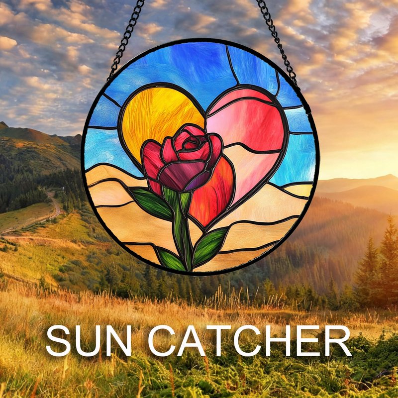 QZQCBLC Stained Glass Window Hanging Pink Heart Roses 7.8" - Suncatcher Door Garden Sun Catcher Home Decor Valentine Birthday Christmas for Mom Woman Lover Friends Wife Girl