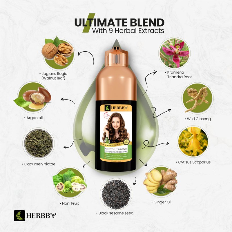 HERBBY Gray Hair Coverage Shampoo & Conditioner - Color Transform with 9 Herbal Extracts, Long-Lasting (6-8 Weeks), Shiny, Even Coloring, Instant Hair Dye, 500 ml (CHESTNUT BROWN)