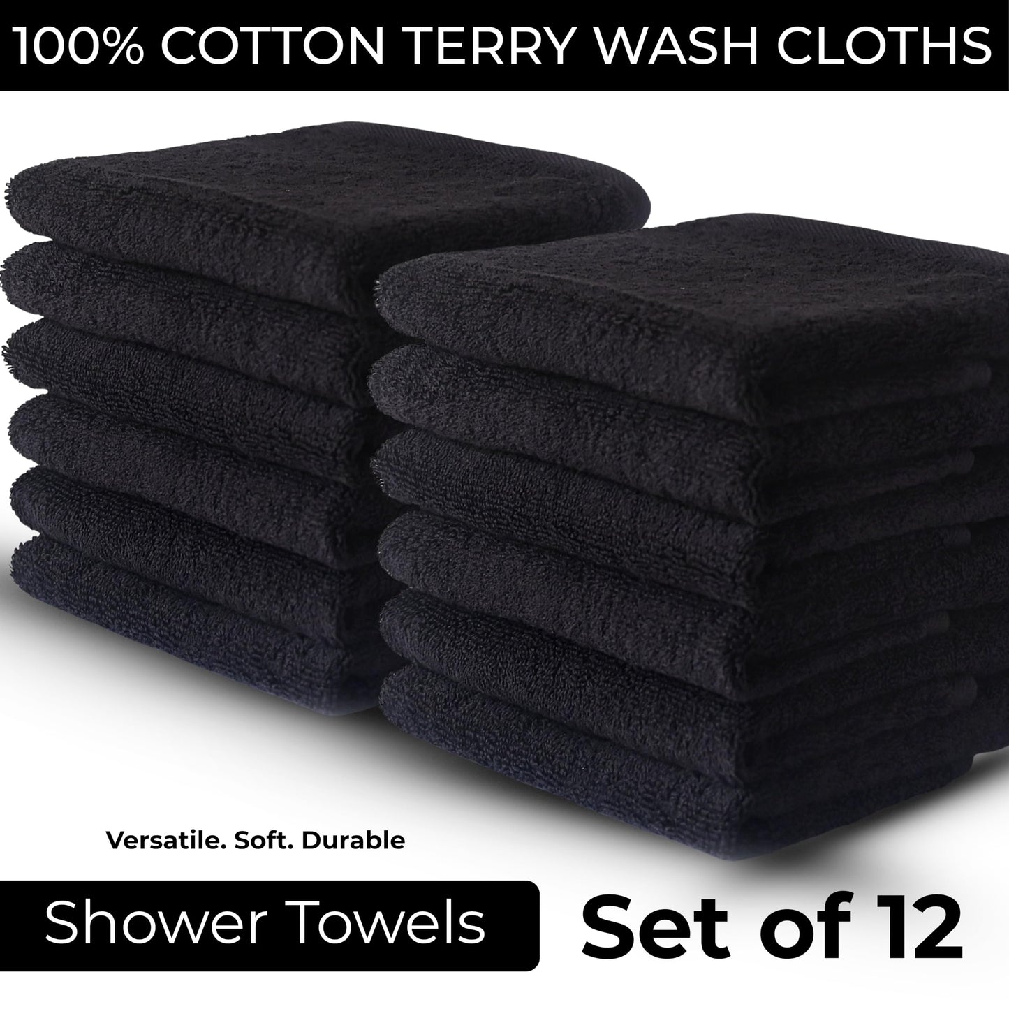 LIVINATI Thick Black 100% Cotton Wash Cloths for Showering Body and Face - 12"X12" 12 Pack Washcloths - Small Terry Towel Bath Rags for Adults and Kids Bathroom - Soft Absorbent