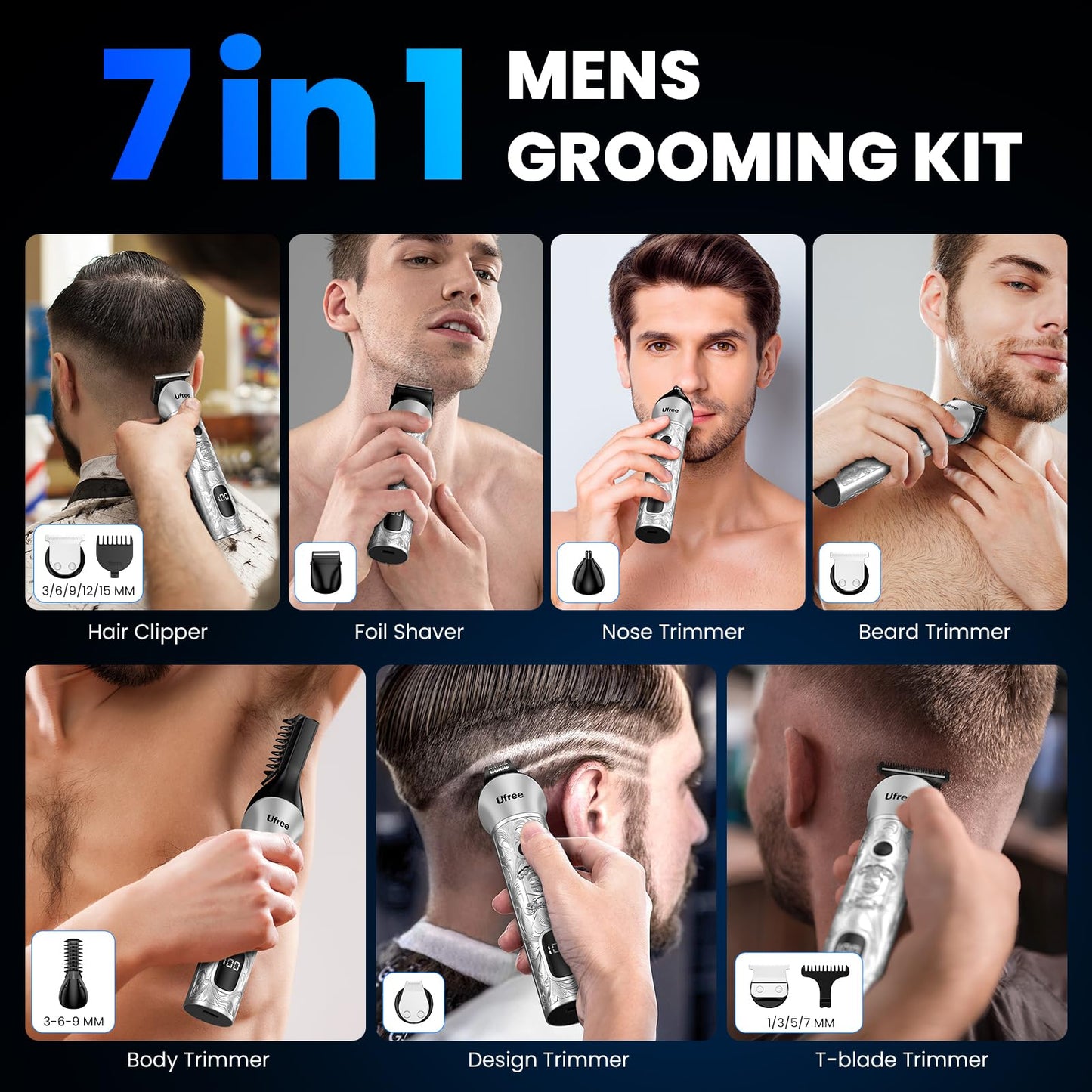 Ufree Beard Trimmer for Men, 7 in 1 Electric Shavers Razor, Cordless Hair Trimmer, Men's Grooming Kit for Body Hair, Nose, Face & Mustache, Birthday Gifts for Men, Husband Father
