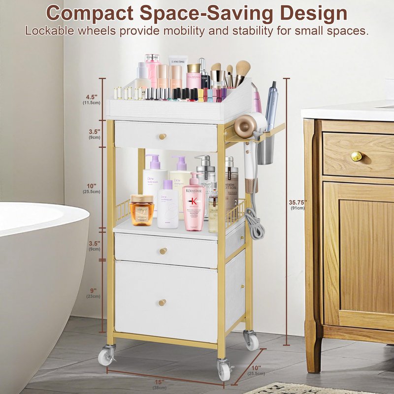 NauwaBarn Makeup Organizer Cart with 3 Drawers, Rolling Vanity Organizer with Adjustable Dividers, Detachable Hair Tool Holder, Lockable Wheels for Small Spaces, Gold & White