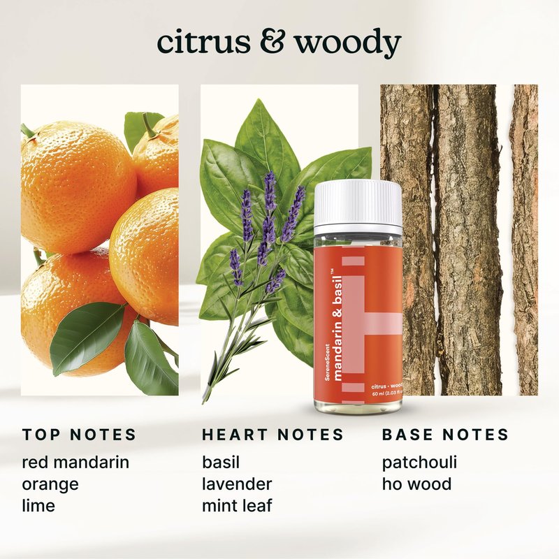 Homedics SereneScent Waterless Diffuser Oil Refill 3-Pack — Mandarin Basil, Miami Sunset, Vanilla Cedarwood (60ml ea). Clean, Safe, Natural. Compatible with SereneScent Diffusers