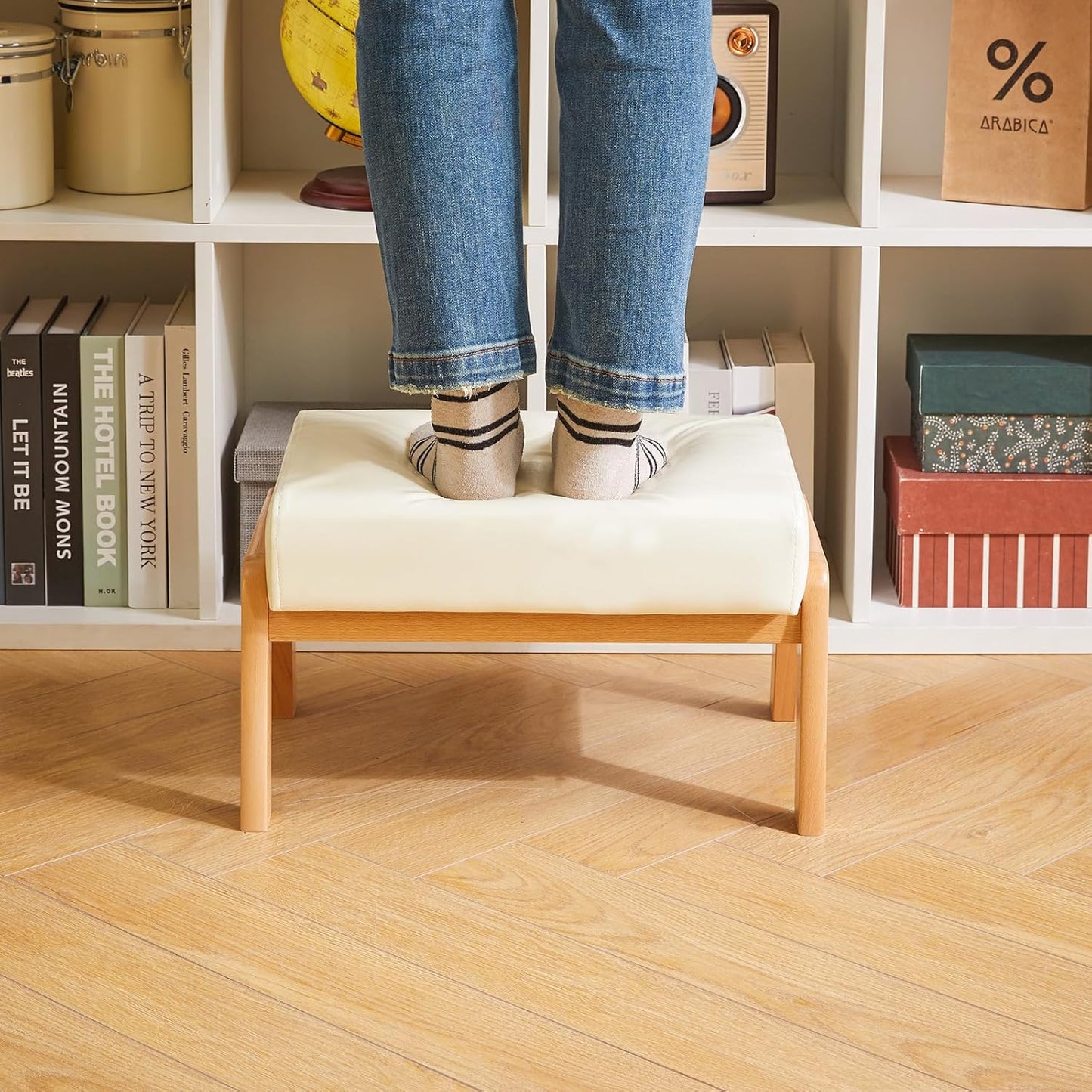 Small Foot Stool Ottoman - 10.2” Rectangle PU Faux Leather Foot Rest with Padded Seat & Wood Legs | Modern Accent for Living Room & Office, White