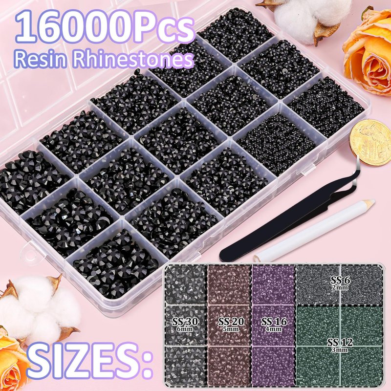 Skiennix 16000 Pcs Black Resin Jelly Rhinestones - Flatback Gems with 3 Pcs B7000 Jewelry Glue for DIY Crafts