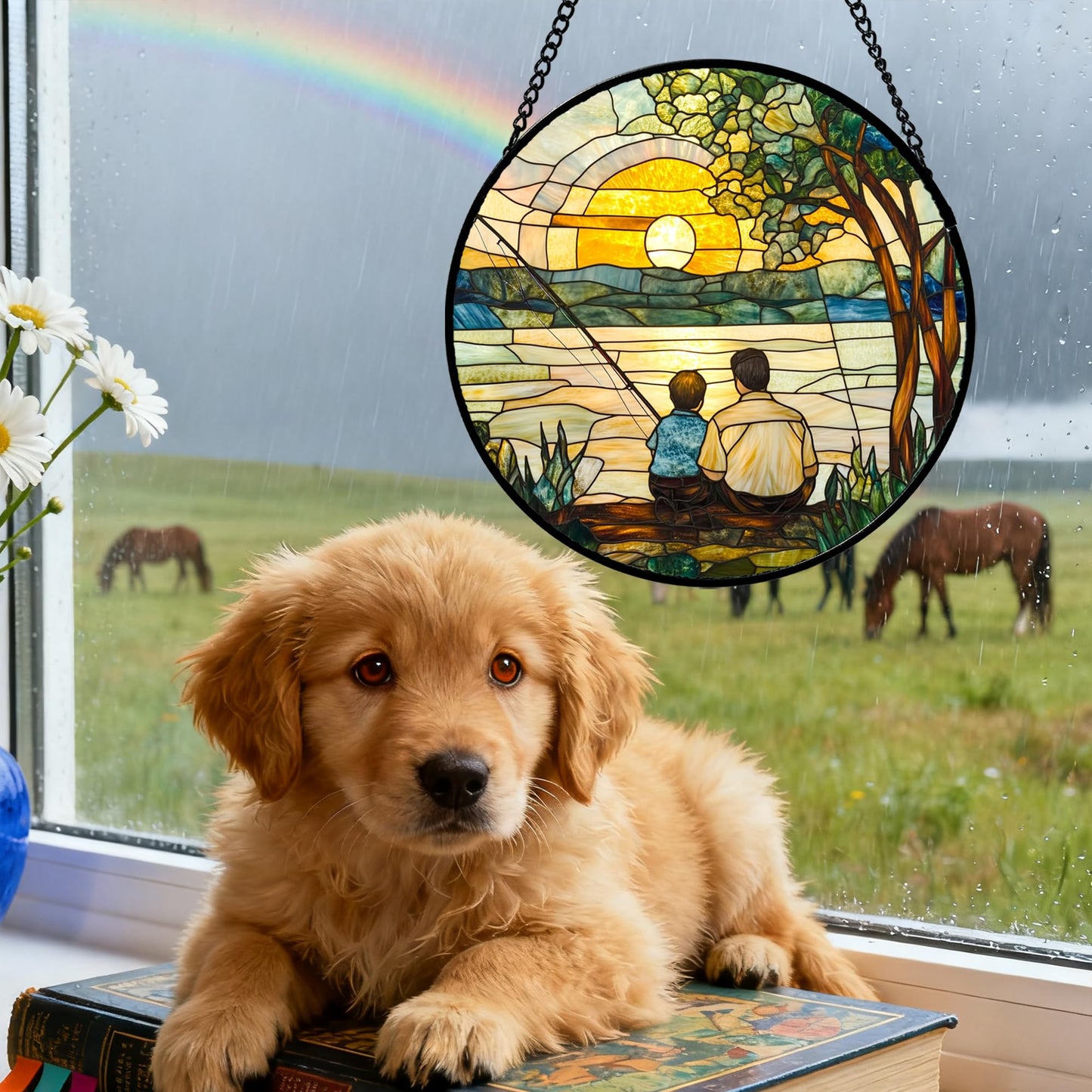 QZQCBLC Stained Glass Window Hanging Sunset View by The Lake 7.8" - Family Fishing Suncatcher Door Garden Sun Catcher Home Decor Birthday Christmas for Mom Men Woman Nana