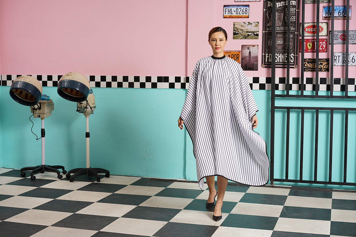 SMARTHAIR Professional Salon Cape Polyester Barber cape Hair Cut Cape,57”x66.8”,Black and White Stripes,C250023B-L