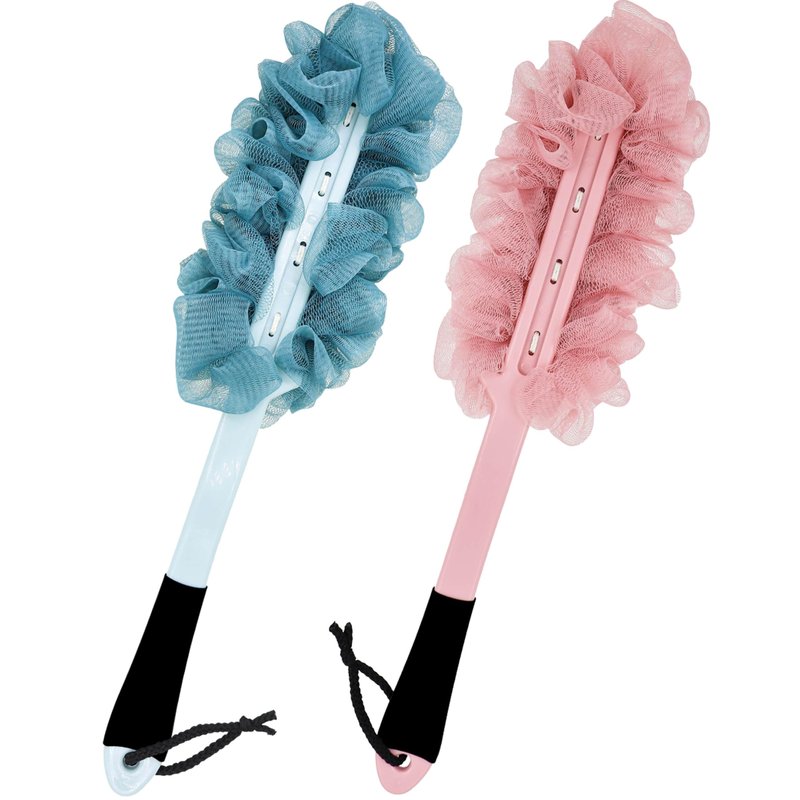 2Pack Back Scrubber for Shower, Loofah with Handle, Back Loofah Non-Slip Handle, Bath Body Brush, Scrub Cleaning Brush for Shower, Soft Mesh Sponge On a Stick for Men Women Elderly (Pink and Blue)