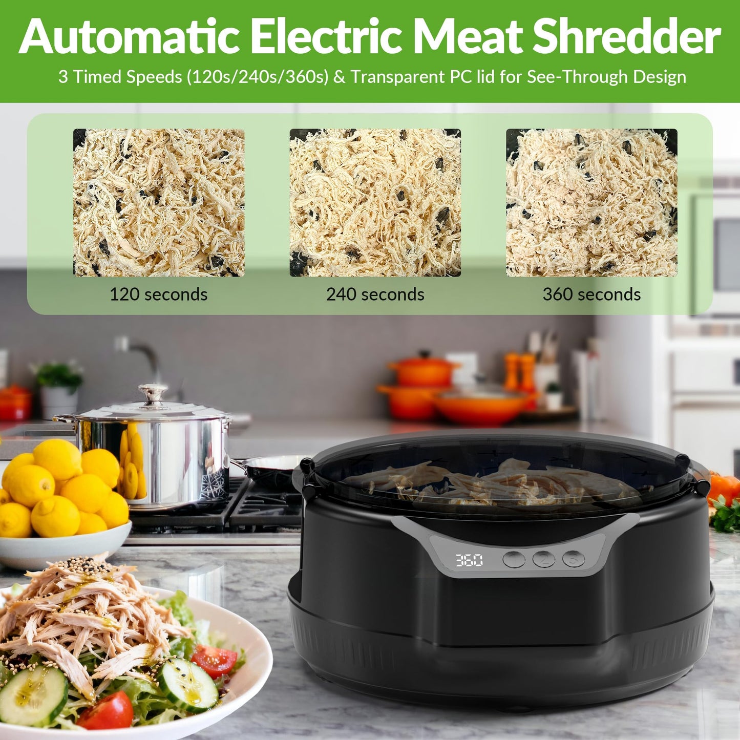 Electric Chicken Shredder, Rechargeable Automatic Meat Breast Shredder Tool Twist, Kitchen Grinder Machine with 3 Timer Modes, BPA Free for Pork, Beef, Chicken, Salads, Pet Food, Dishwasher Safe