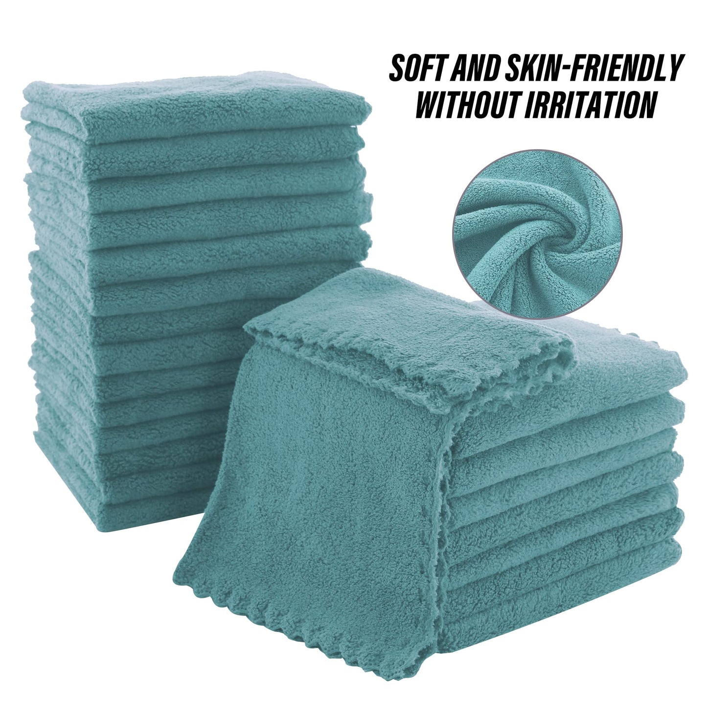 MOONQUEEN Ultra Soft Premium Washcloths Set - 12 x 12 inches - 24 Pack - Quick Drying - Highly Absorbent Coral Velvet Bathroom Wash Clothes - Use as Bath, Spa, Facial, Fingertip Towel (Teal)