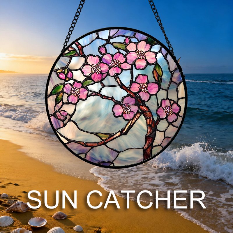QZQCBLC Stained Glass Window Hanging Pink Flowers 7.8" - Green Leaves Suncatcher Door Garden Sun Catcher Home Decor Birthday Christmas for Mom Men Woman Friends Nana Wife