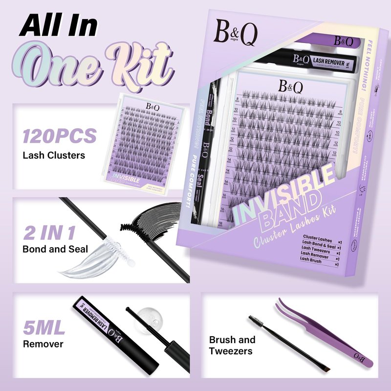 B&Q Flora Eyelash Clusters Kit - Velure DIY Lash Extension Kit at Home Beginner-Friendly Natural Lashes, 120pcs 8-18mm Wispy Clusters with 0.3mm Invisible Band & Waterproof, Daily Collection