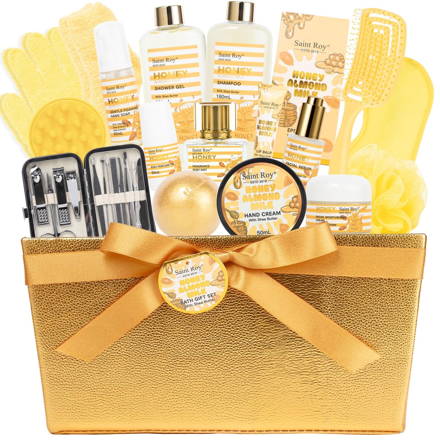 34 Pcs Skin care kit Spa Gift Set for Women & Men, Honey & Almond Milk Bath & Body Gift Basket, Face Skin Care Kit with Shower Gel, Self-Care Manicure, Birthday, Christmas, Mother Day, Anniversary