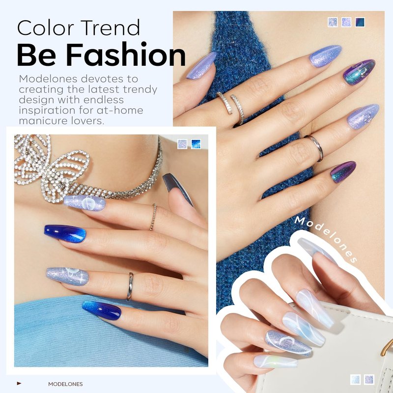 modelones Gel Nail Polish Set, 6 Colors Summer Icy Blue Collection Glitter Gel Polish Galaxy White Dark Blue 9D Cat Eye Nail Polish with Magnet Soak Off Led Nail Art Kit Salon DIY Gift