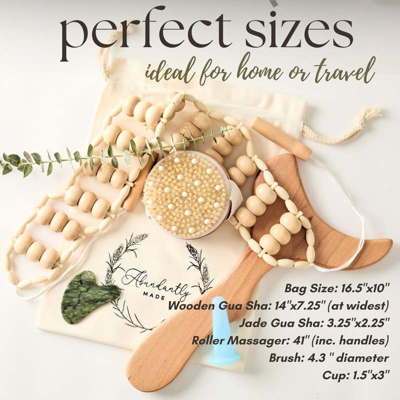 Abundantly Made Co. 7-Piece Lymphatic Drainage Massage Kit | Dry Brush, Wooden Paddle, Rope Roller, Jade Gua Sha, Silicone Cup, Linen Bag & E-Book | Wood Therapy, Maderoterapia & Body Sculpting Tools
