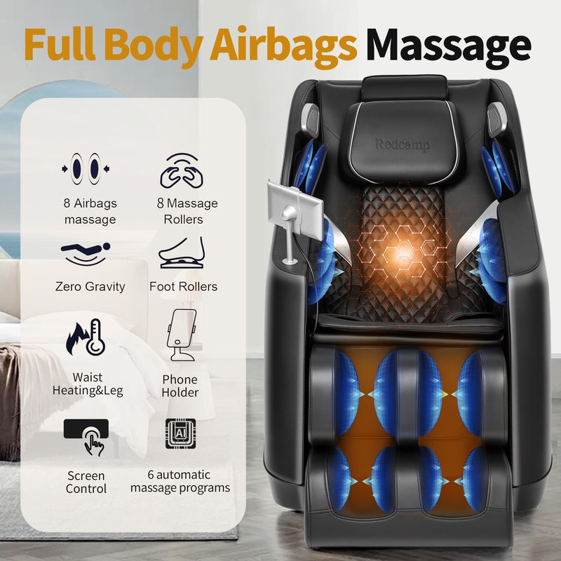 Massage Chair Full Body, Fully Assembled: with 8-Point Fixed Nodes, Zero Gravity, Waist & Leg Heating, Airbag Massage, Bluetooth Music, LED Remote, Foot Rollers, Auto Programs, Adjustable Calf