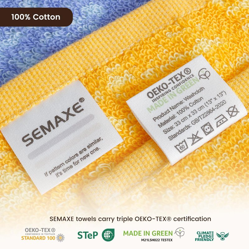 SEMAXE 100% Cotton Washcloths 12-Pack, 13 × 13 Inch Soft Face Towels with Hanging Loop, Absorbent & Quick Dry, Bathroom Shower Kitchen Use