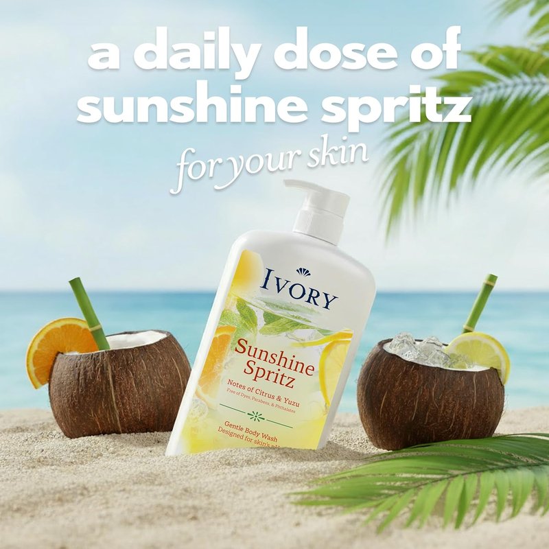 Ivory Body Wash, Designed for the Whole Family, Gentle Formula, Free of Dyes Heavy Perfumes, Parabens & Phthalates, Sunshine Spritz Scent, 35 oz