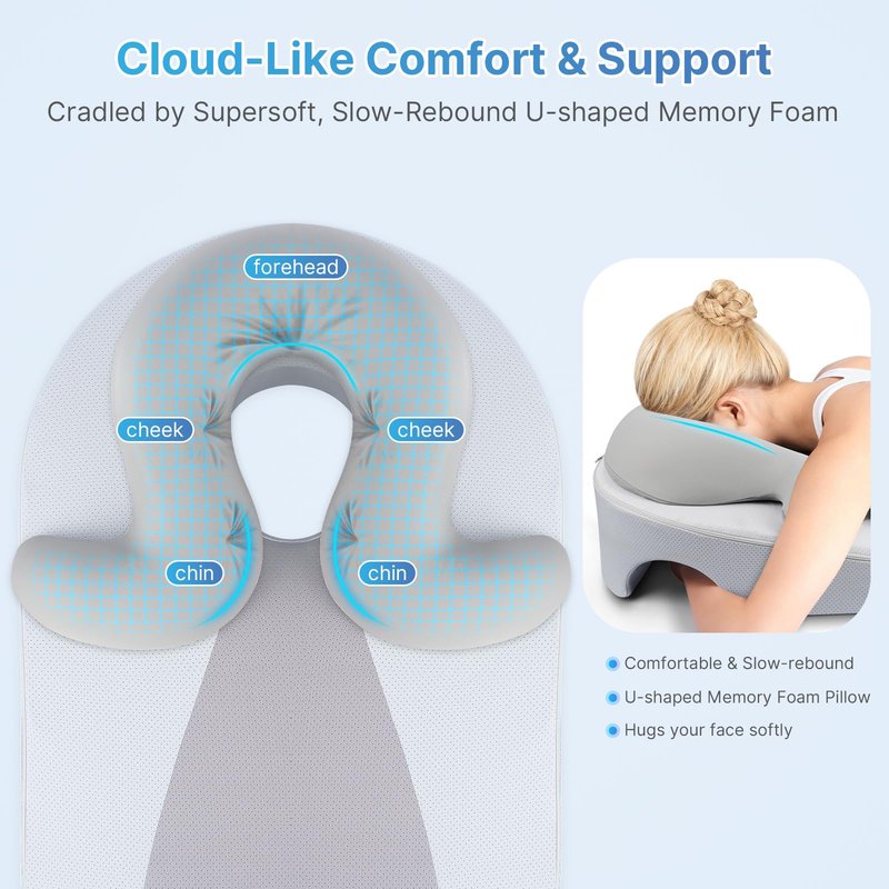 Eye Face Down Pillow Set for Sleeping, BBL, Retinal Surgery Recovery, Soft U-Shaped Memory Foam Stomach Sleeping Prone Pillow with Adjustable Loop for Personalized Comfort, Home Massage Pillows, Grey