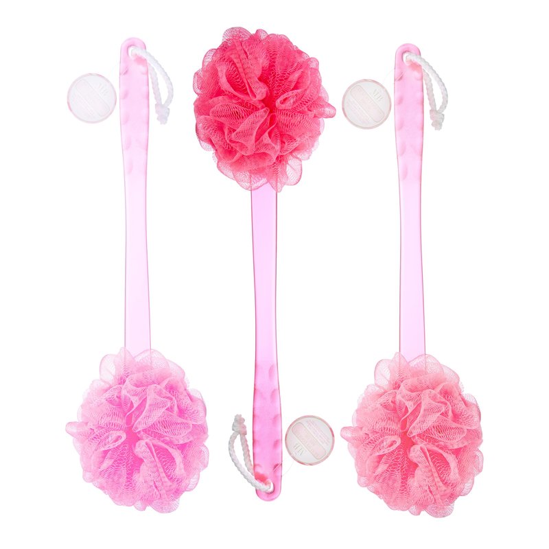 3pc Luxury Round Loofah Set – Long Handle Shower Scrubber with Hanging Loop | Exfoliating Body Scrubber Value Pack | Deep Cleansing Bath Loofah for Smooth Skin – Women & Men