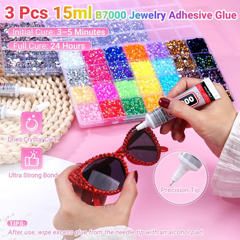 Jelly Rhinestones for Crafting - 61000 Pcs Multicolor & Silver Flatback Gems | 3mm & 2/3/4/5/6mm Sizes with 15ml B7000 Glue
