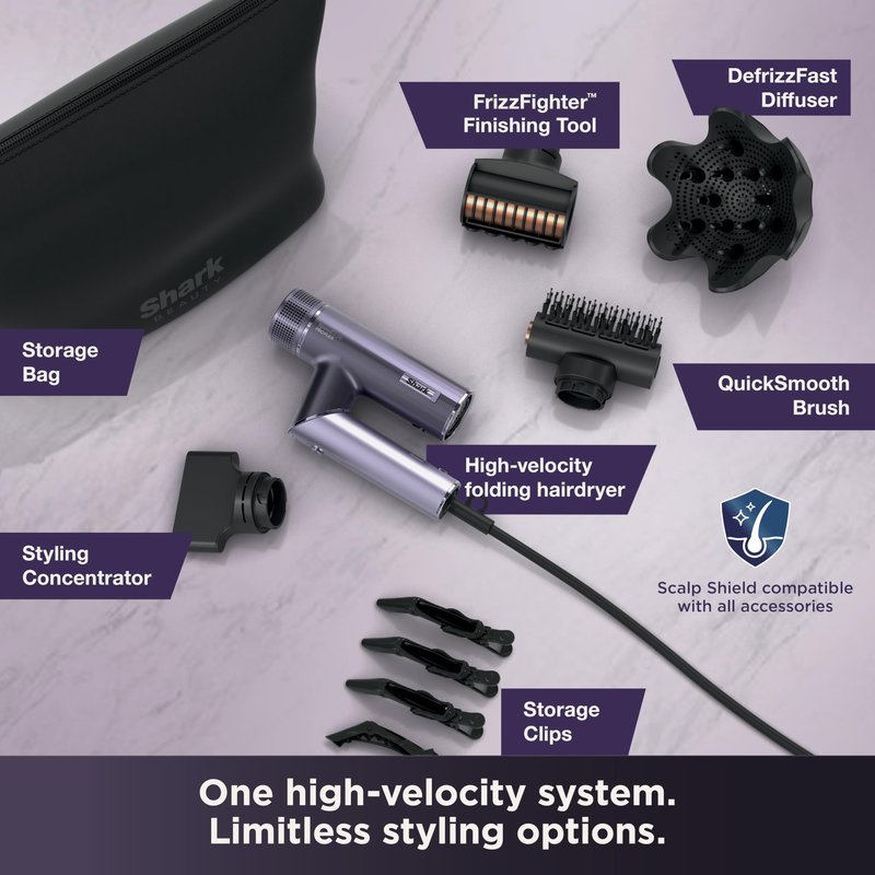 Shark SpeedStyle Pro Flex Professional Performance High-Velocity Hair Dryer System with Scalp Shield & IQ Speed Styling and Drying Suite, Lightweight, Ionic, No Heat Damage, HD543PL