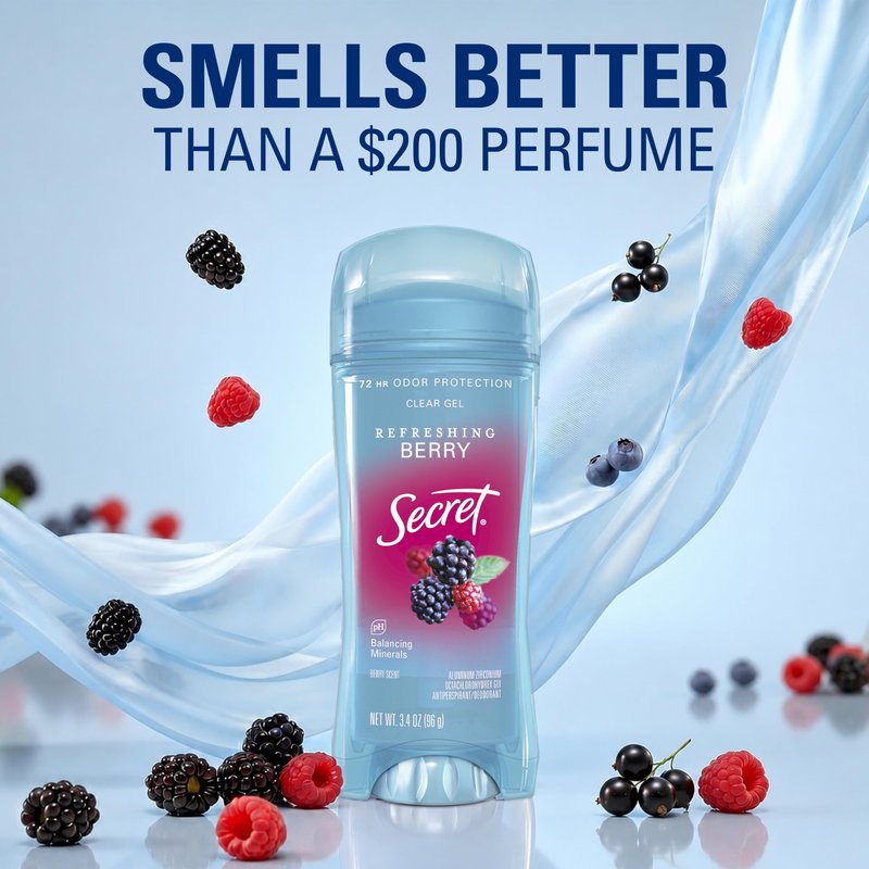 Secret Fresh Antiperspirant Deodorant for Women, 72hr Breathable Sweat & Odor Protection, Instant Freshness & Gentle, PH Balancing Minerals, Clear Gel, Refreshing Berry Scent, 3.4 oz