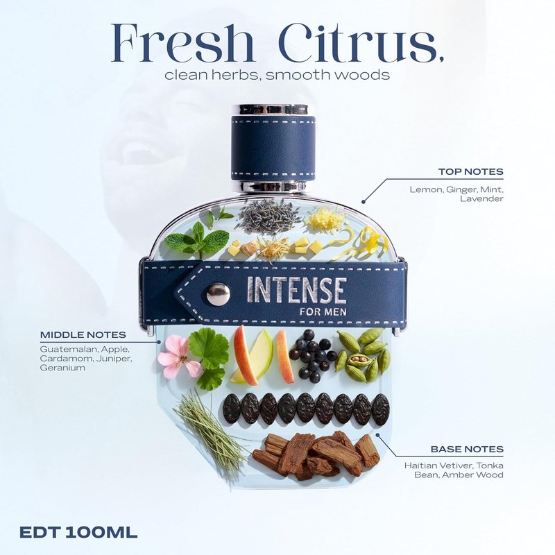 Sapil Intense Eau de Toilette for Men - Long Lasting Spicy Perfume with Lemon, Cardamom & Vetiver | 3.4 oz / 100ml