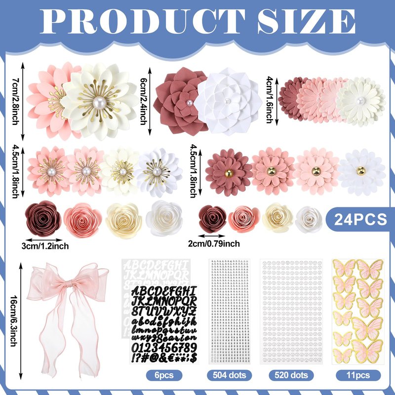 MotiMind 46 Pcs DIY Graduation Cap Decorations Kit Included Paper Flowers, 3D Butterfly Stickers, Rhinestone, Letter, Pearl Stickers, Mesh Ribbon Bow for DIY Grad Cap Decor(Pink)