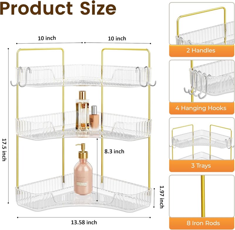Clear 3-Tier Bathroom Organizer by Corner - Stylish Countertop Storage with Hooks for Makeup & Skincare
