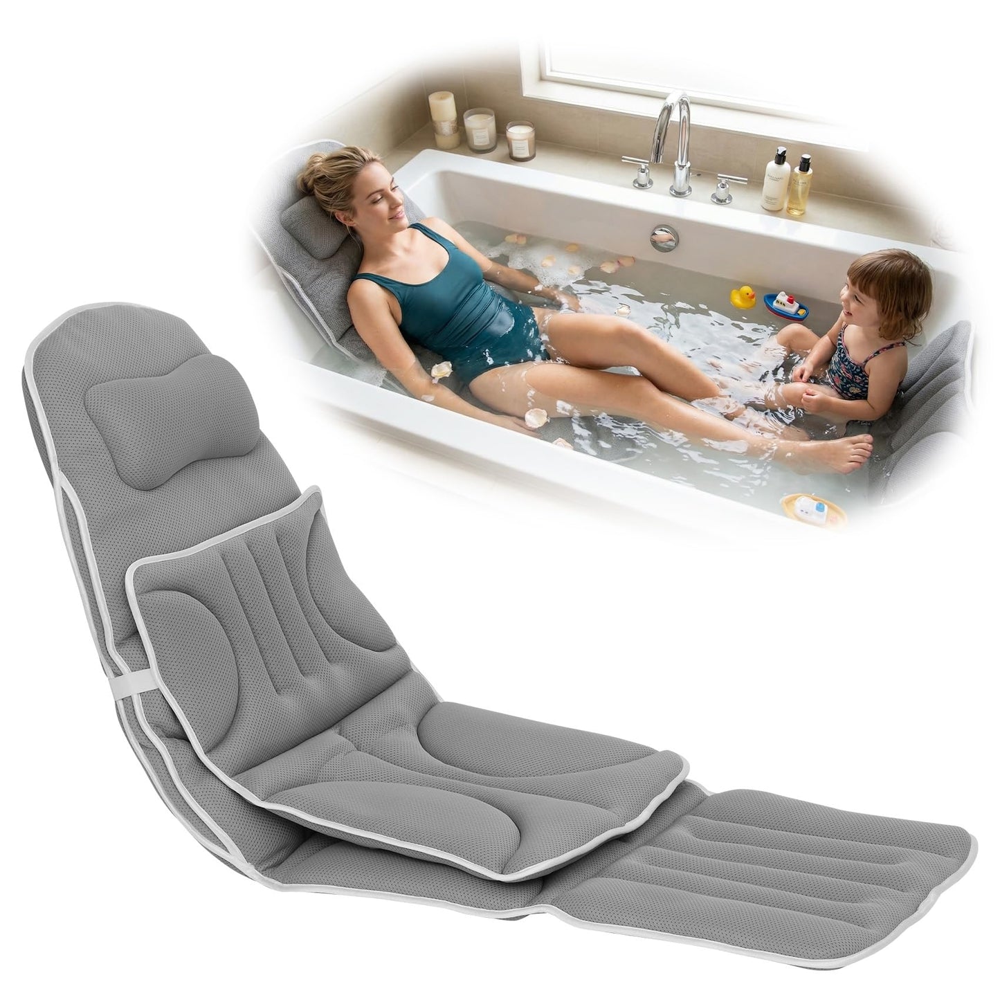 Upgraded Full Body Bathtub Pillow – 6D Air Mesh Bathtub Cushion with 168 Suction Cups for Neck, Back & Shoulder Support – Thick Quick-Dry Mesh Foam for Home Bathtub
