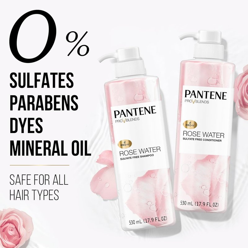 Pantene Sulfate-Free Shampoo & Conditioner Set - Rose Water Infused, Moisturizing & Soothing | 17.9 Fl Oz Each, 2 Pack