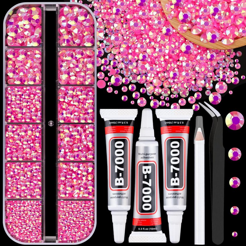 Resin Jelly Rhinestones - Hot Pink AB Flatback Craft Gems with 3Pcs 10ml B7000 Glue | Perfect for DIY Tumblers, Clothing, Shoes & Manicure