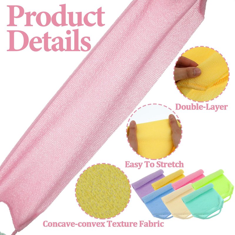 7 Pcs Exfoliating Back Scrubber with Handles, Nylon Back Exfoliator Extended Length Back Washers Scrubbers, Stretchable Exfoliating Washcloth Pull Strap Shower Scrubber for Body Cleans Skin Massages