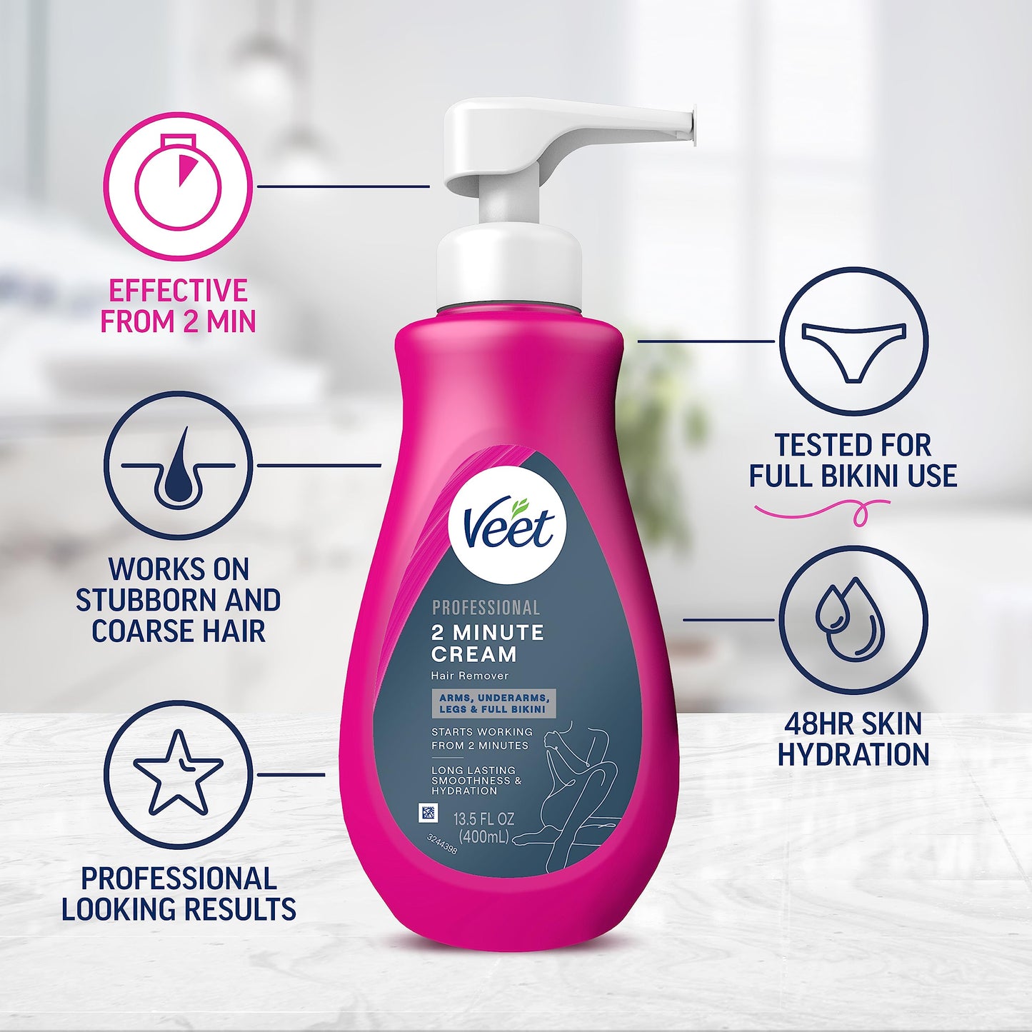 Veet Professional 2 minute Hair Removal Cream for all skin types including sensitive, 13.5 fl oz, Long-Lasting Fast-Acting, Dermatologically Tested. Use on arms, underarms, legs, and full bikini area (Pack of 2)