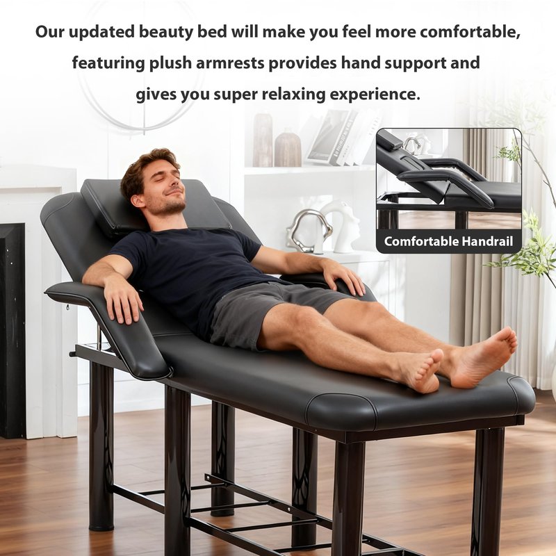 Professional Massage Treatment Bed 73.6 Inch with Handrail, Spa Facial Salon Bed with Removable Headrest & Chest Cushions, Stationary Physical Therapy Table with Adjustable Backrest, Steel Frame