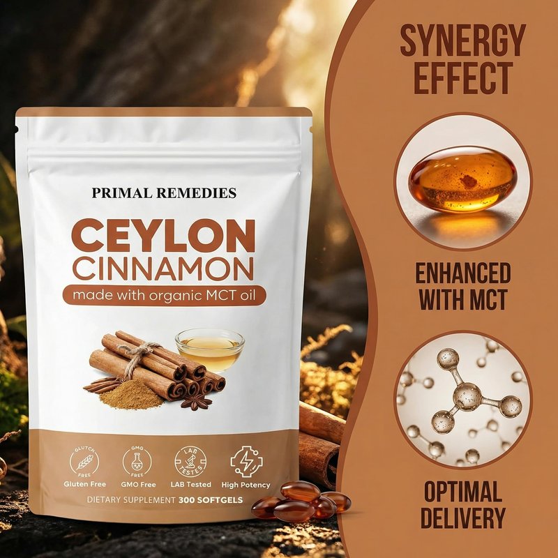 Primal Remedies Ceylon Cinnamon - 300 Softgels with MCT Oil, Highly Bioavailable, Non-GMO, Gluten Free, Vegan Capsules for Metabolism Support