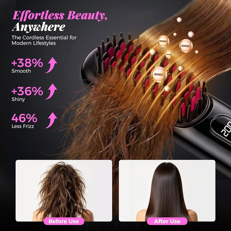Go Brush Pro Cordless Hair Straightener Brush - Mini Design with 4 Temperature Settings | Portable Ionic & Ceramic Care (Black)