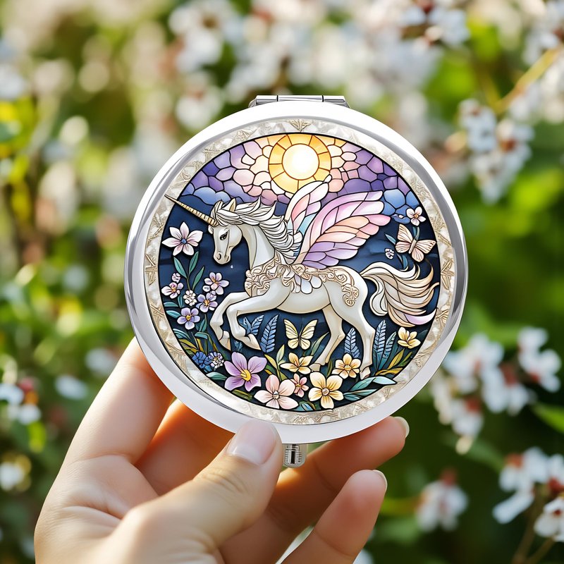 Silver Compact Mirror, 2.8x2.8inch Double-Sided Folding Makeup Mirror with Winged Unicorn Design, Ideal Gift for Women
