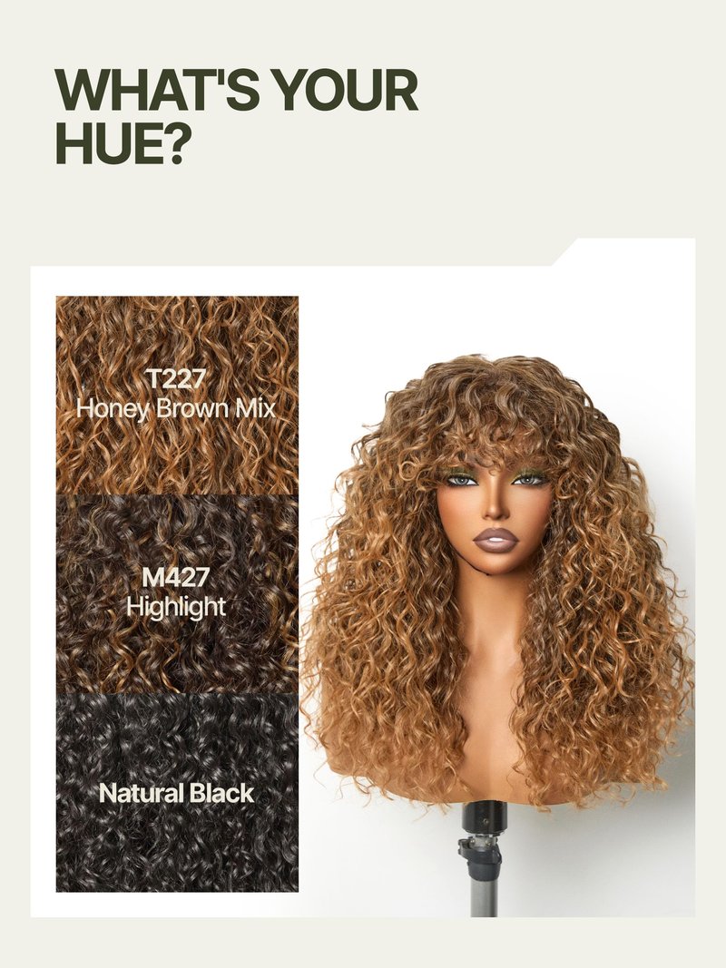 Frodio Veralux Fiber Blend Human Hair 20 Inches Shaggy Curl with Bangs Wig 200% Density Wigs Highlight Brown Ready to Go Glueless Wig for Women Realistic Look with True Scalp